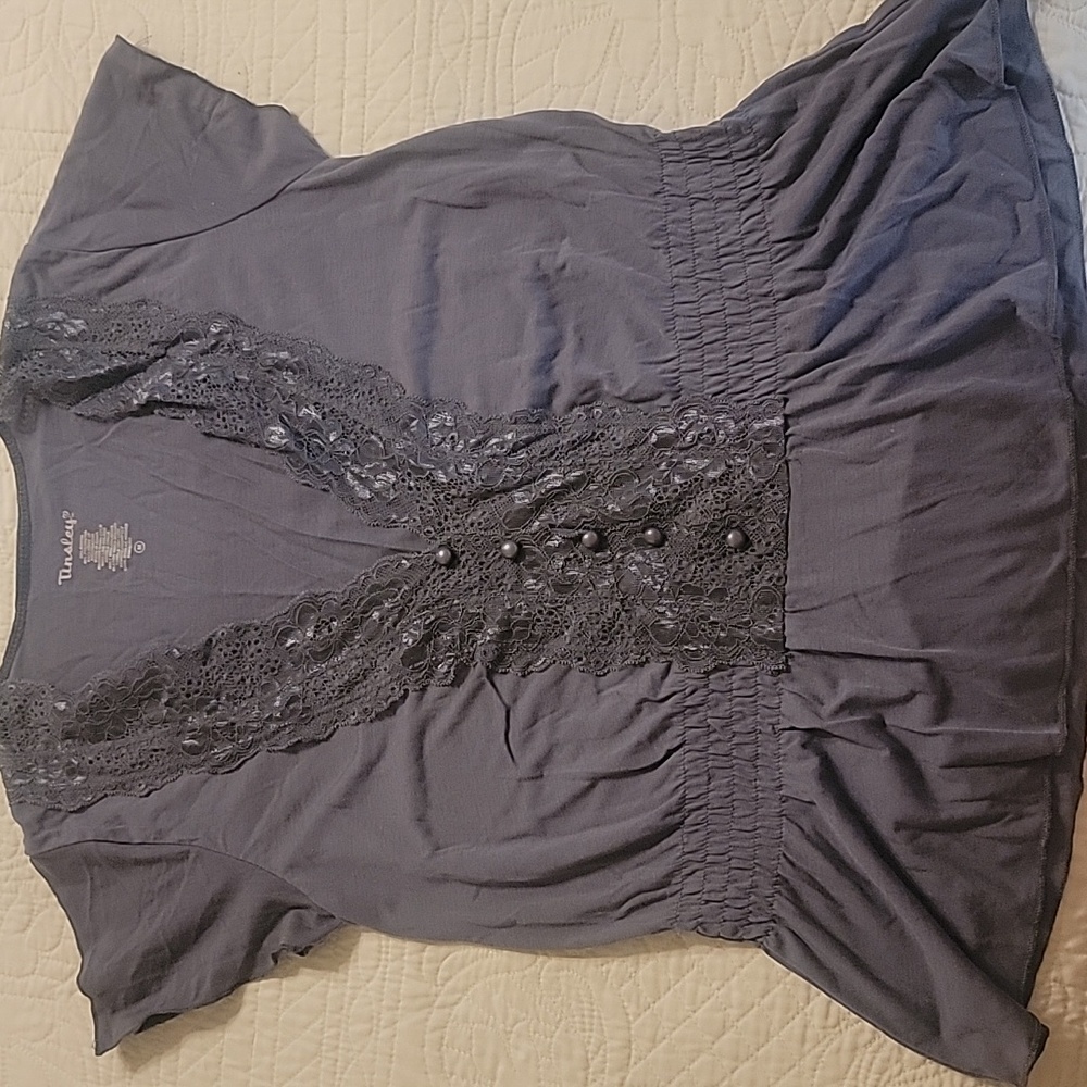 Gray Lace Trim Blouse Sz M